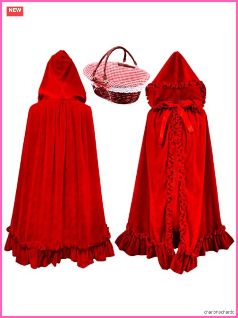 Red Velvet Hooded Cape & Wicker Basket Set Cosplay Costume